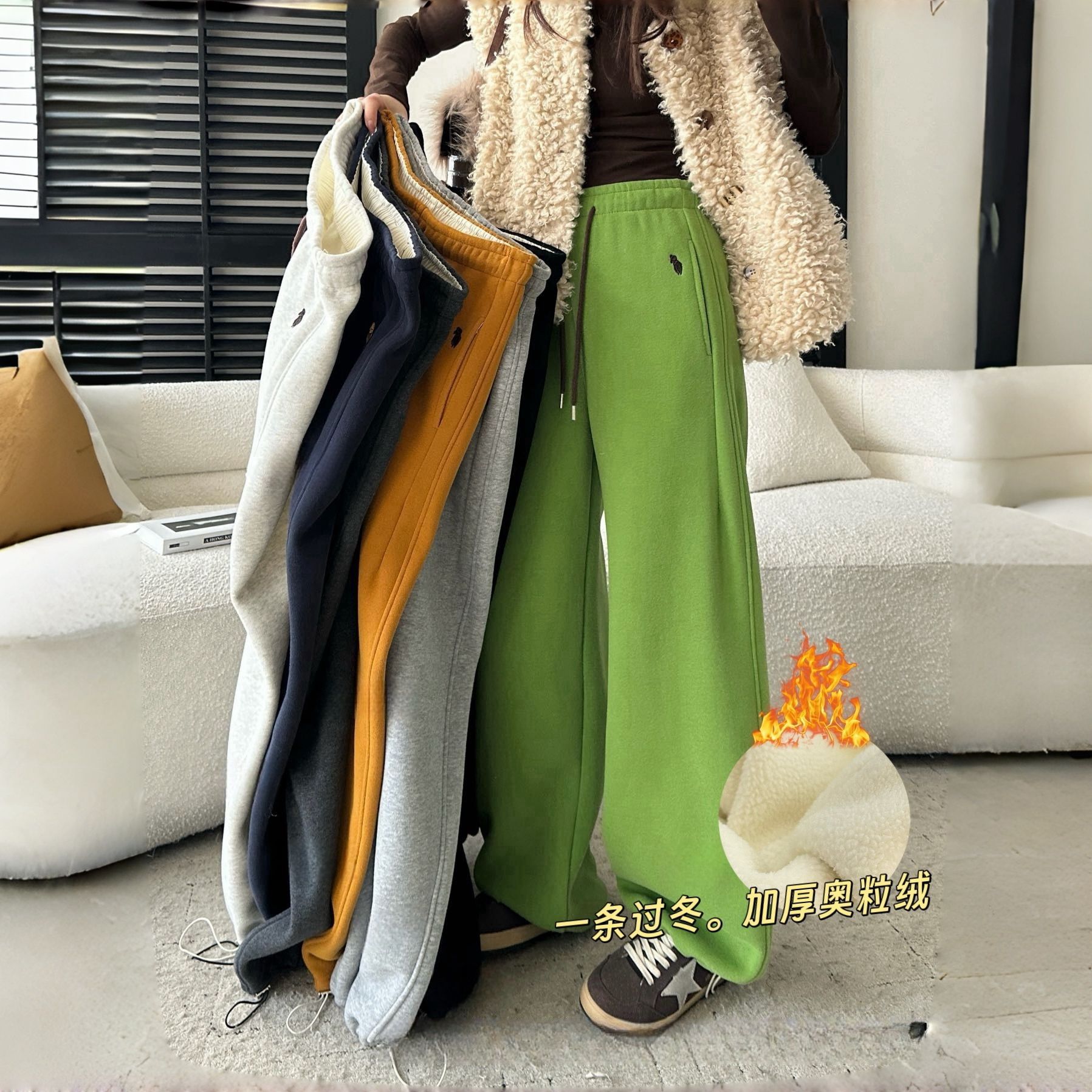 700g奥粒绒加绒两穿卫裤刺绣休闲裤女秋冬宽松显瘦弯刀阔腿裤子
