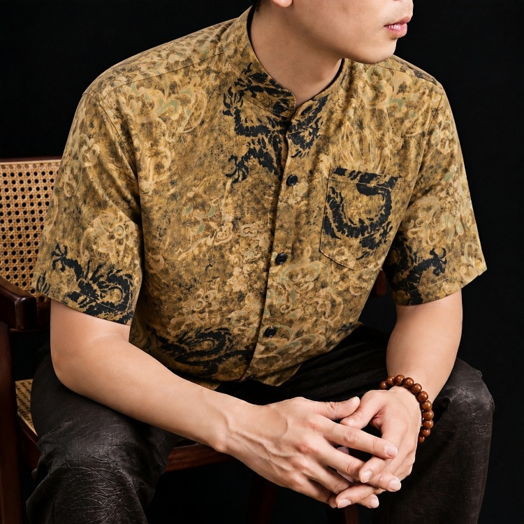 Áo sơ mi ngắn tay nam mulberry silk cao cấp dáng rộng mùa hè — Vàng 8908 chi tiết 1