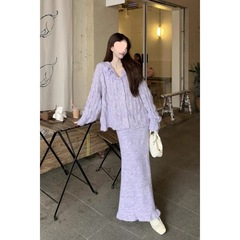 温柔风套装女春秋甜美立体花朵海军领针织开衫毛衣半身长裙两件套