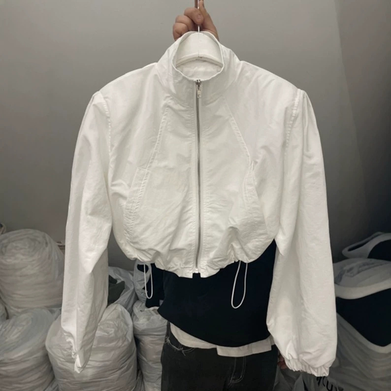 Korean-style lightweight women's stand-collar sun protection jacket, 2026 summer drawstring zipper short long-sleeve sports jacket