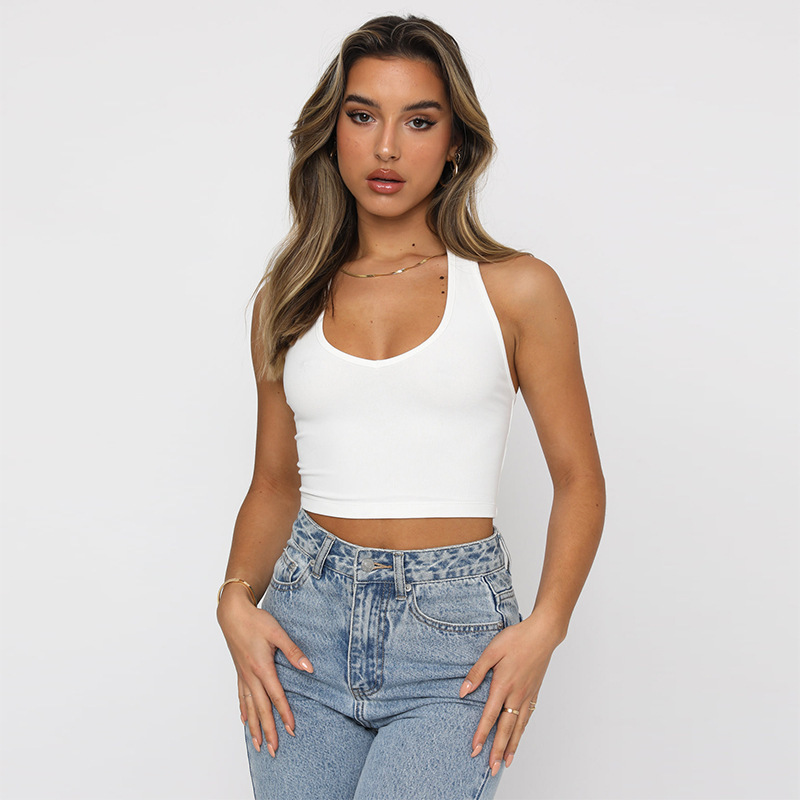 Summer 2025 Ins Solid Color Slim-fit Short Sleeveless Top Women's Amazon European and American V-neck Backless Neck Vest Summer 2025 Ins Solid Color Slim-fit Short Sleeveless Top Women's Amazon European and American V-neck Backless Neck Vest