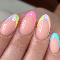 Elongated colorful French manicure, European and American sweet girl Instagram style wearable false nails, 24 detachable nail designs