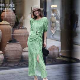 南油夏季高奢时尚真丝双绉印花圆收褶侧抽绳连衣裙