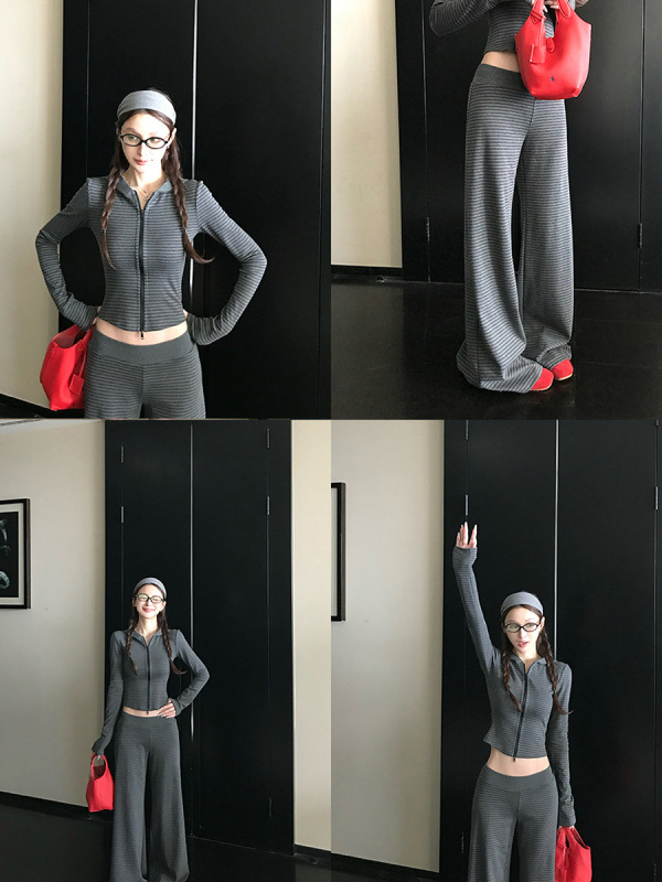 Skk Store 慵懒周末outfit 条纹修身正肩显瘦连帽卫衣套装女秋季|undefined