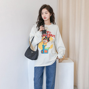 Spring and Autumn New Maternity Clothes Korean Style Loose Large Size Casual Cartoon Printed Age-reducing All-match Round Neck Long Sleeve T-shirt Trendy