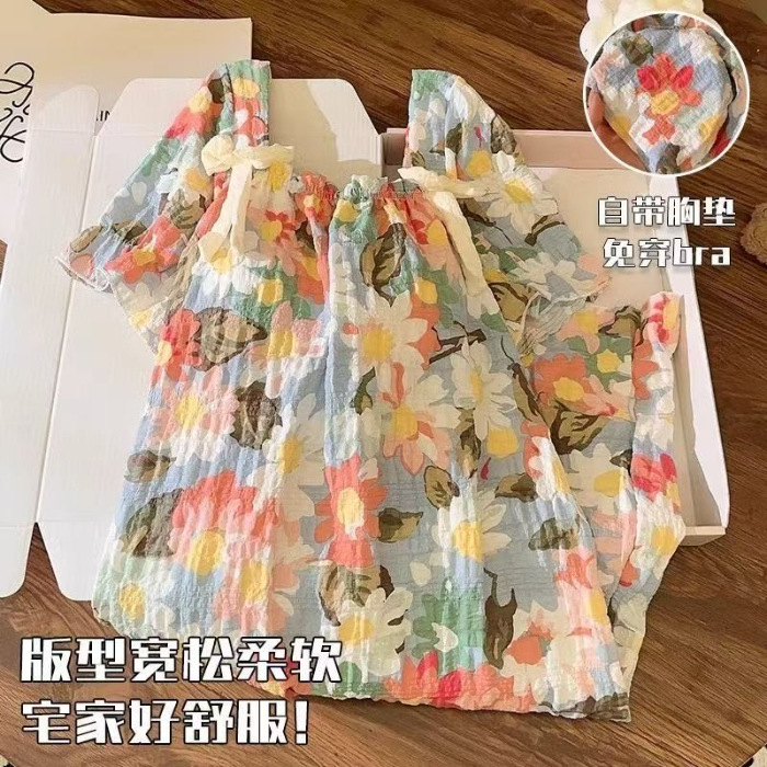 2025 verano pijama de mangas cortas mujeres cojín de pecho nubes pijama de algodón dibujos animados pequeños vestidos de chicas frescas ropa para el hogar