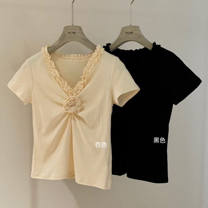 Liquidación, sin devoluciones ni cambios, diseño veraniego, estilo nicho, top adelgazante, capa interior ajustada, cuello en V, camiseta de manga corta con encaje W558 image 1