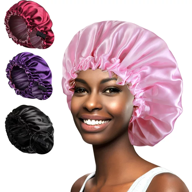 Double‑sided satin nightcap, adjustable women's pullover beanie, enlarged head circumference, silky lining