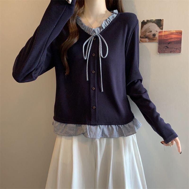 DeRong ruffled bow autumn ribbed lace collar spliced fake two-piece 2026 color-blocking long-sleeve sweet T-shirt