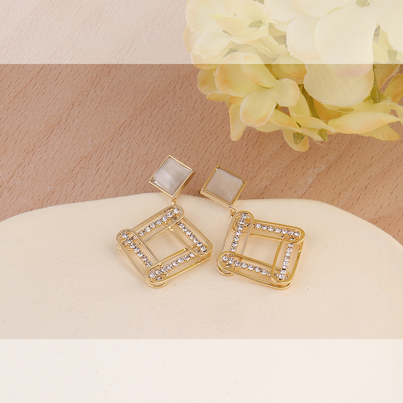 the republic of korea S925 Silver needle Refinement Opal Ear Studs Diamond Geometry Earrings Small Simplicity Versatile temperament Jewelry