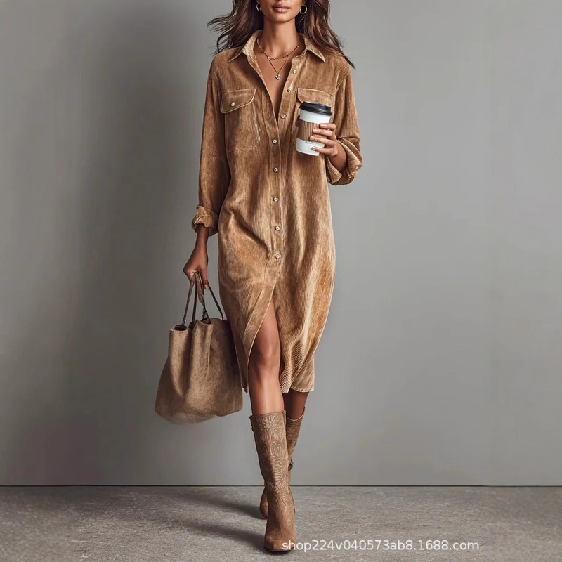 2026 European and American Women's Fashion Cross-Border Foreign Trade Elegant Workwear Style Cardigan Pocket Button Corduroy Shirt Dress