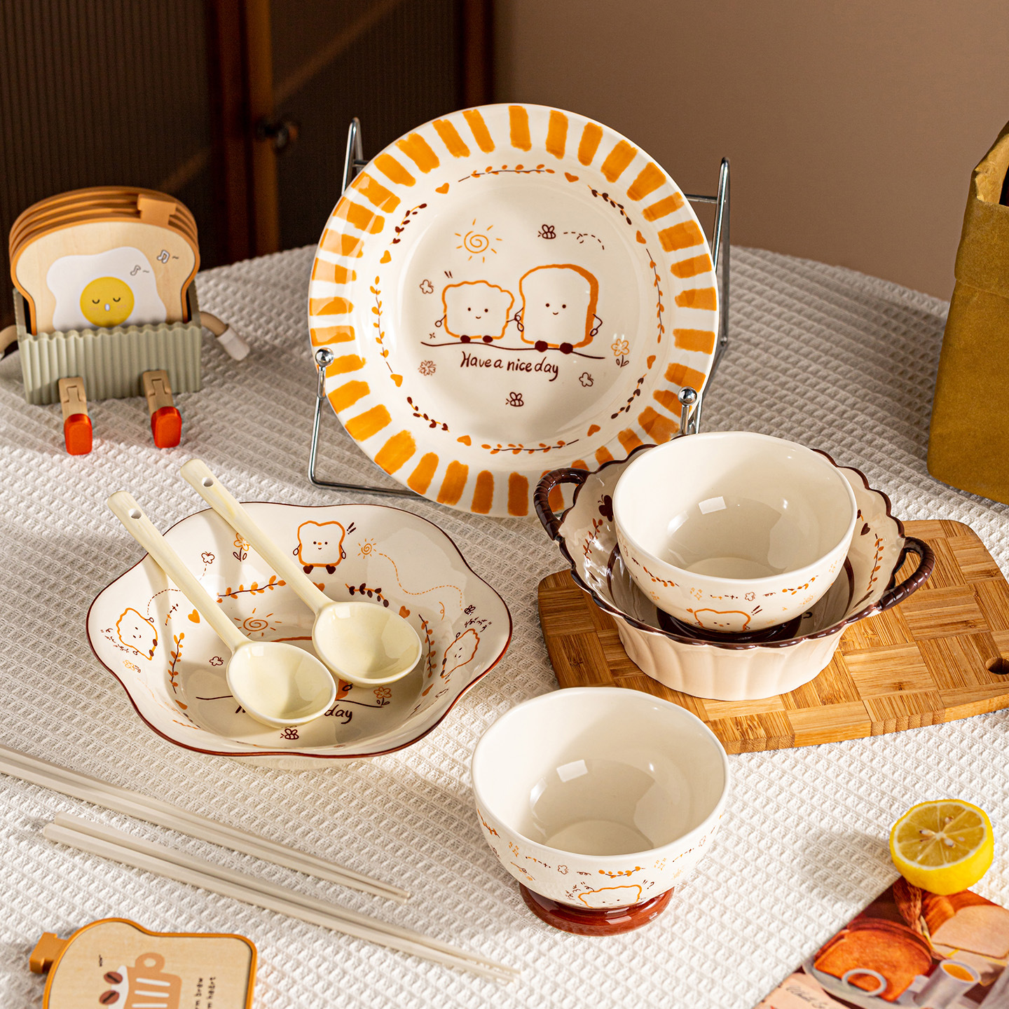 Cartoon Toast Ceramic Cupertino Set Bowl