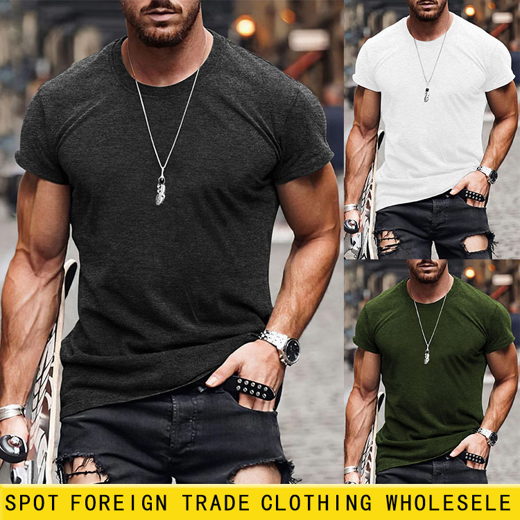 Amazon wish Independent Station European and American Size Solid Color Men's Short Sleeve Foreign Trade Casual White Men's T-shirt Top