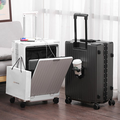 New front opening multi-functional travel suitcase with aluminum frame pull handle, USB charging port, foldable cup holder, and carry-on approved.