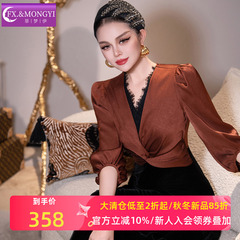 菲梦伊蕾丝边假两件连衣裙女秋装法式复古收腰显瘦金丝绒礼服长裙