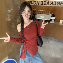 跨境设计感气质绑带斜肩T恤早秋新款不规则收腰显瘦开叉长袖上衣