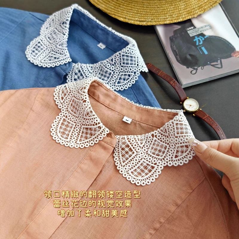 French-Style Yarn-Dyed Linen Heavy Lace Hollow Collar Pearl Button Raglan Short-Sleeve Half Placket Pullover Top