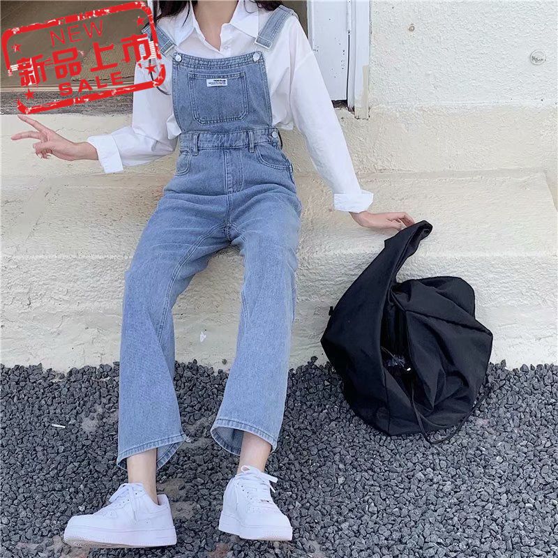 Plus size younger Denim suspender pants for women 2023 autumn and winter New Korean style loose high waist wide leg cropped one-piece pants