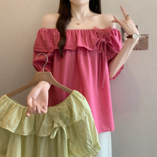 Plus Size Women's Fashion Off-Shoulder Butterfly Embroidery Drawstring Versatile One-Shoulder Top Chiffon Blouse