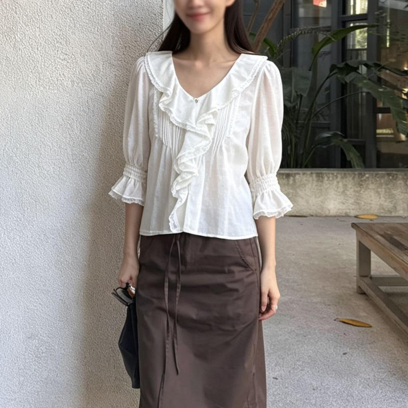 do*nRuffled V-neck pleated lace spliced linen white shirt, holiday style French puff sleeve loose cardigan do*nRuffled V-neck pleated lace spliced linen white shirt, holiday style French puff sleeve loose cardigan