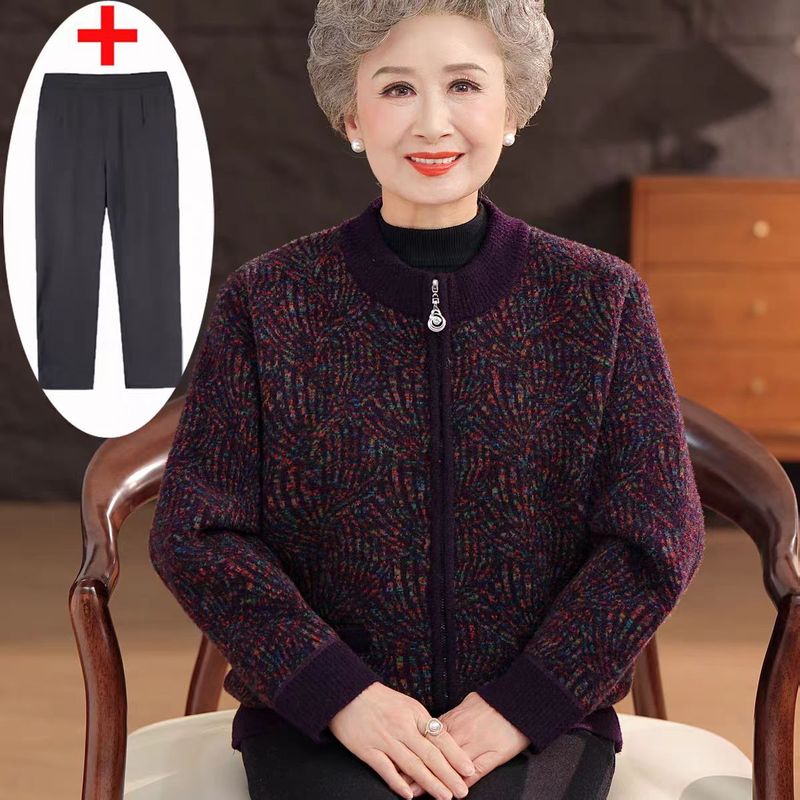 老太太加绒外套秋冬妈妈针织开衫奶奶衣服60岁70老年人对襟毛衣女|undefined