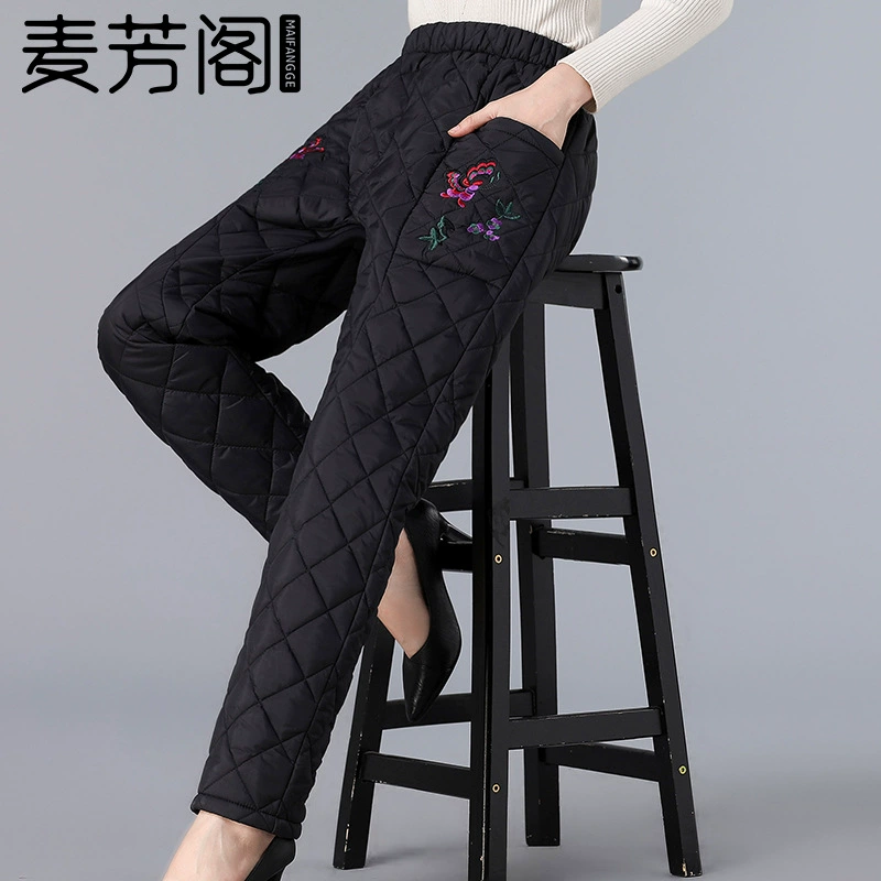 Зимние хлопковые брюки больших размеров для женщин среднего и старшего возраста, теплые брюки для миниатюрных пожилых женщин, с высокой талией и флисовой подкладкой.