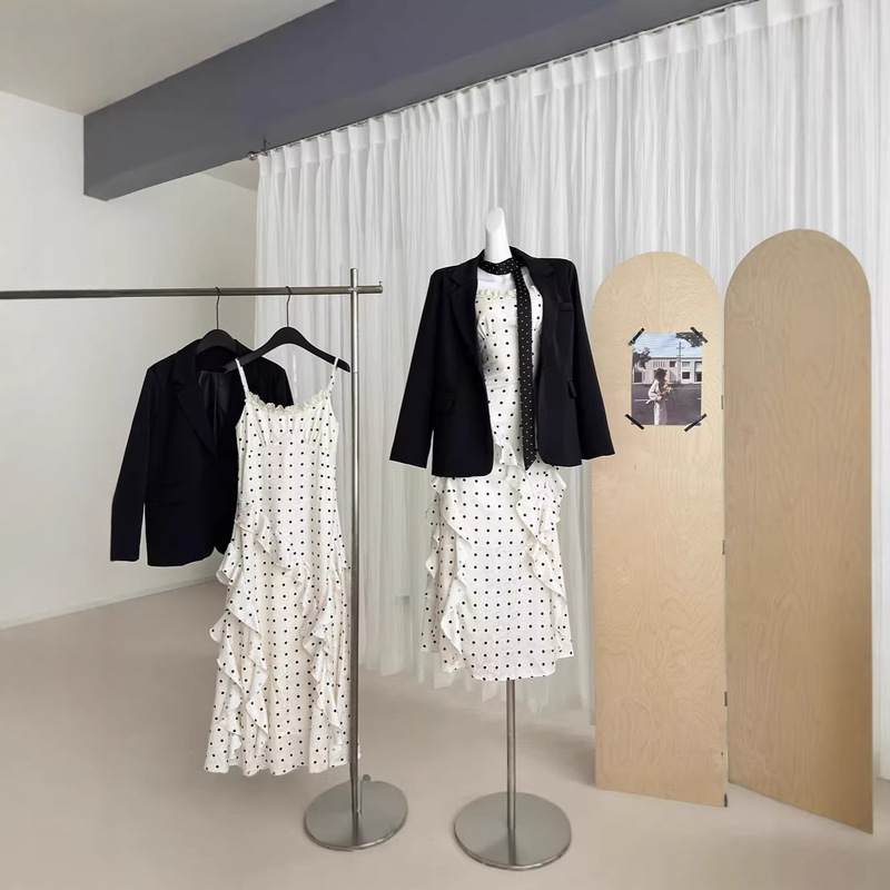 "Xinxing" New Spring and Summer Polka Dot Dress for Women, Slimming and Elegant for Work, Plus Black Suit Set