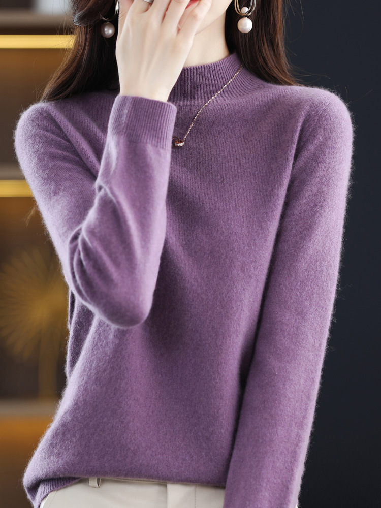[Compra exclusiva] medio cuello alto sin costuras 100 suéter de lana de primera línea de las mujeres listo para usar camisa de fondo Jersey suéter de cachemira