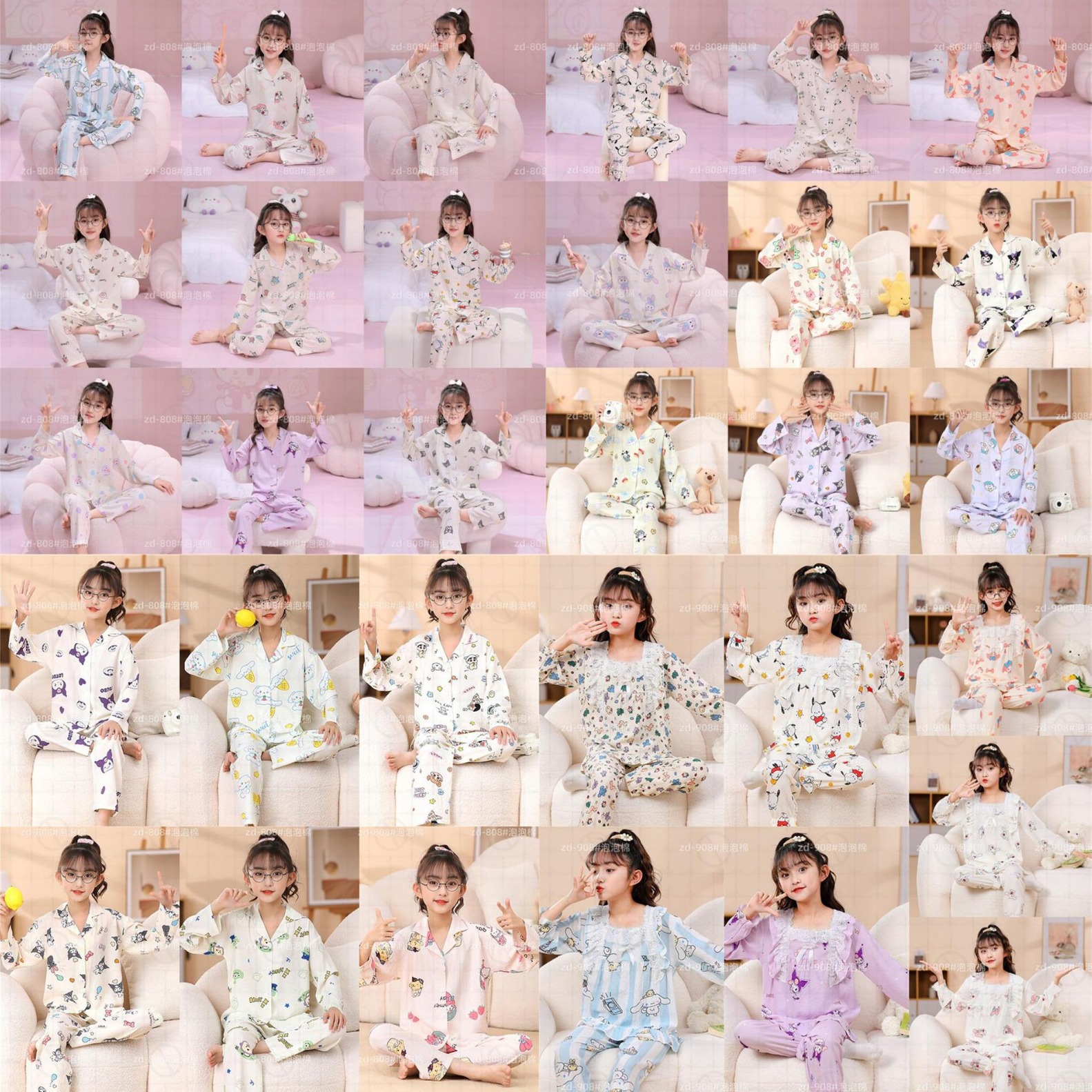 Pijamas infantiles primavera y otoño delgada espuma tela arrugada ropa para el hogar niñas dibujos animados aire acondicionado ventilado ropa de verano