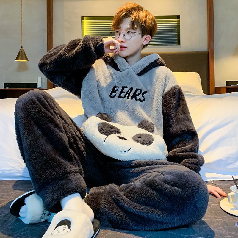 Pajamas Men's Autumn and Winter Coral Velvet Pajamas Fleece-Lined Thickeneded Winter Cartoon Student Fashion Men's Home Wear Set
