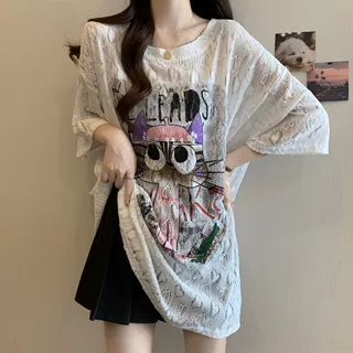 大码蕾丝提花卡通印花短袖t恤女夏新款宽松显瘦胖mm遮肚外穿上衣
