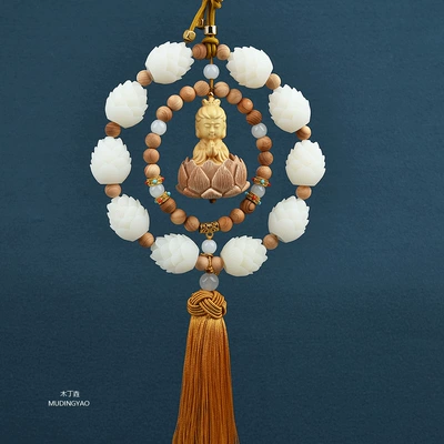 Car hanging: Small Buddha Rearview Mirror Car - double-ring-guanyin-thuja-yellow-tassel