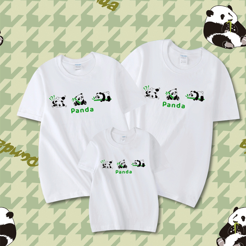 卡通熊猫印花亲子装短袖T恤夏季 精梳棉亲子装商超专供双标白体恤