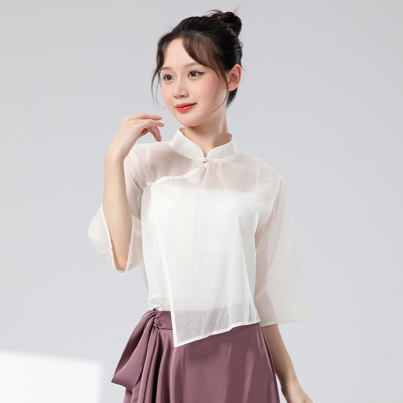 新中式古典舞练功服女新款中袖立领盘扣舞蹈服上衣国风日常演出服|undefined