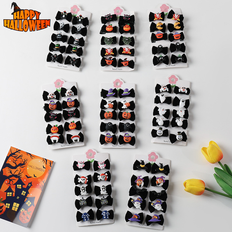 新款万圣节发夹发饰套装Halloween可爱蝴蝶结头饰品跨境卡通发卡|undefined
