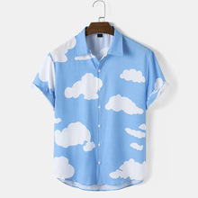 2026跨境小清新款男士宽松云朵短袖衬衫南亚天空沙滩衬衣一件代发