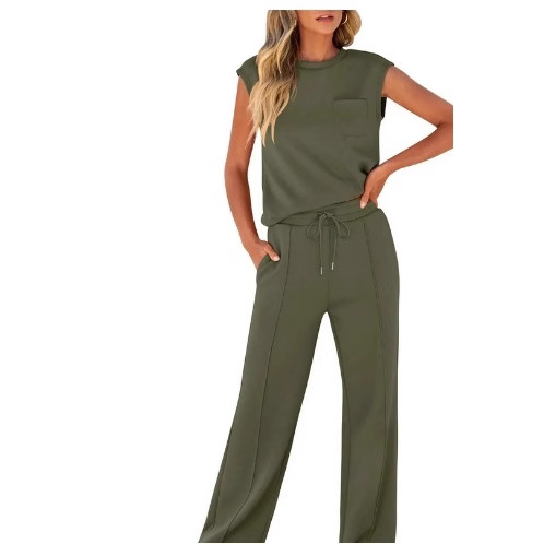 Women's Casual Outfit Set Sleeveless Top High Waist Wide Leg Pants Two Piece Summer Pure Color Loose Fit Comfortable Polyester Spandex Stretchy_voghion.com