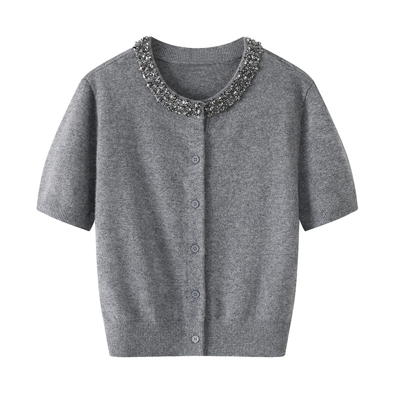 Design Sense Heavy Industry Nail Drill Short Sleeve T-Shirt Summer New Soft Skin-friendly Slimming Base Shirt Knitted Shirt Top