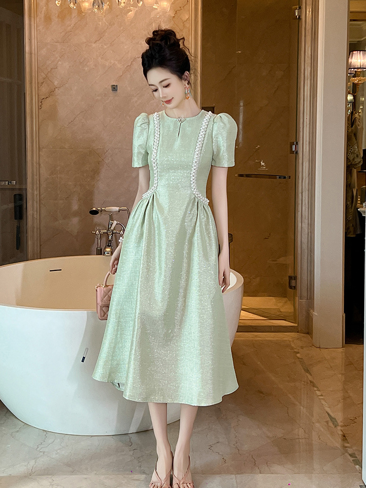 Đầm maxi nữ cổ tròn đính đá thắt eo xòe dáng dài — Xanh bạc hà