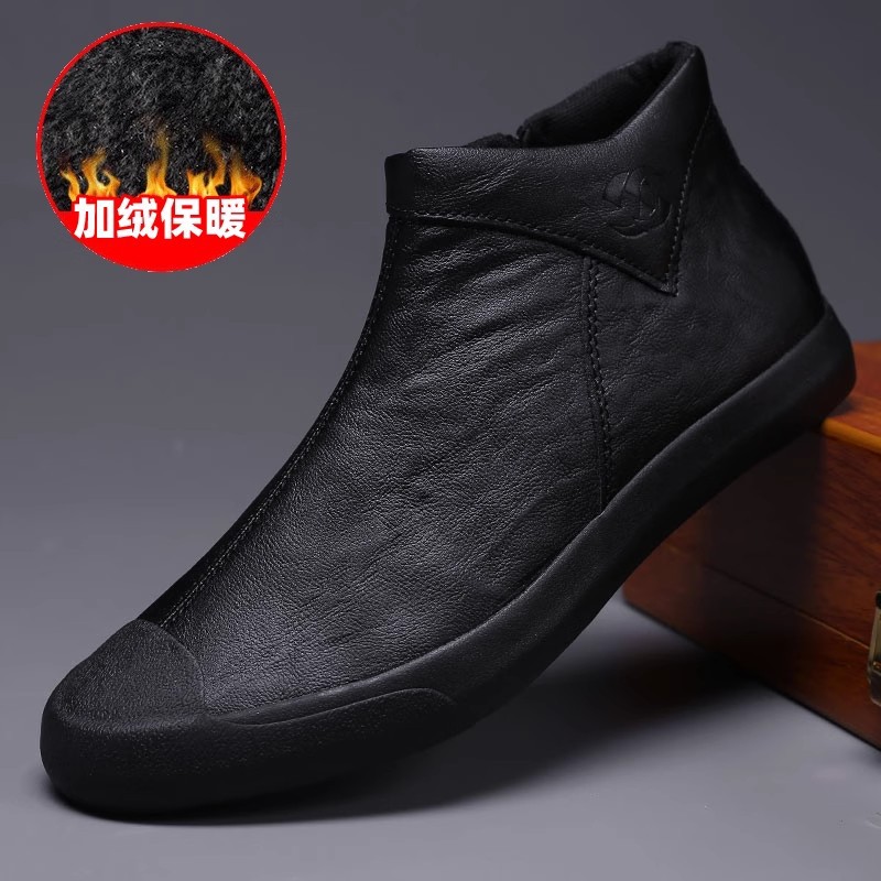 New Winter Men's Shoes, Fleece-Lined Leather Shoes, Casual, Classic, Versatile, Warm, Fashionable, High-Top, Comfortable, Trendy Zipper Sneakers