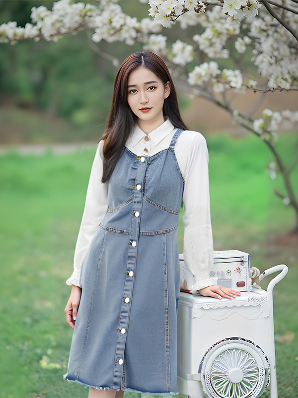 130-320 plus size women's shirt strap denim skirt two-piece suit 2024 spring and autumn new chubby girl foreign temperament