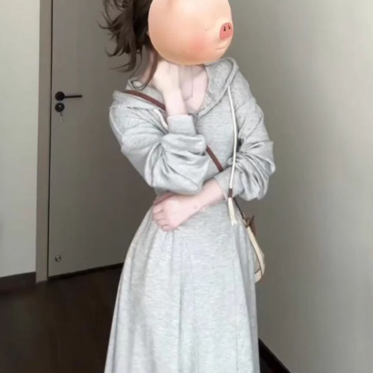 秋冬加绒加厚学院风灰色连帽卫衣连衣裙女小个子气质收腰显瘦裙子|undefined