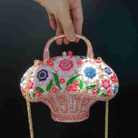 Túi clutch cầm tay giỏ hoa đính kim cương phong cách Hàn Quốc — Phấn màu/Hoa Hồng chi tiết 16