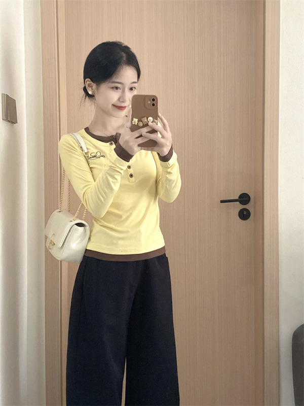 韩系穿搭黄色假两件长袖t恤女秋季气质修身半开领刺绣打底衫上衣|undefined