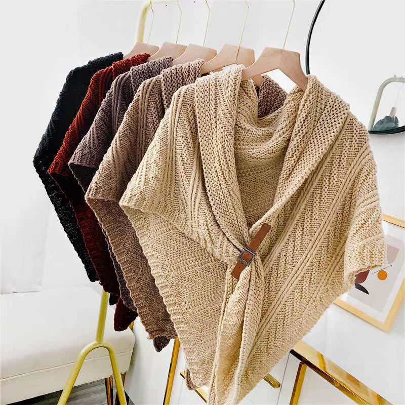 Autumn and Winter New Warm Shawl Split Thickened Triangle Leather Button Cape Women's Knitted Scarf Wrapped with Woolen_voghion.com