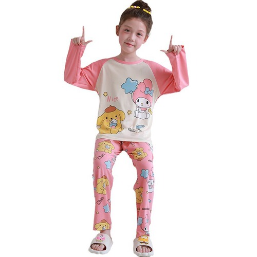 Girls' Spring and Autumn Cartoon Child Thin Long Sleeve Set Children's Girl Middle and Big Kids Home Clothes