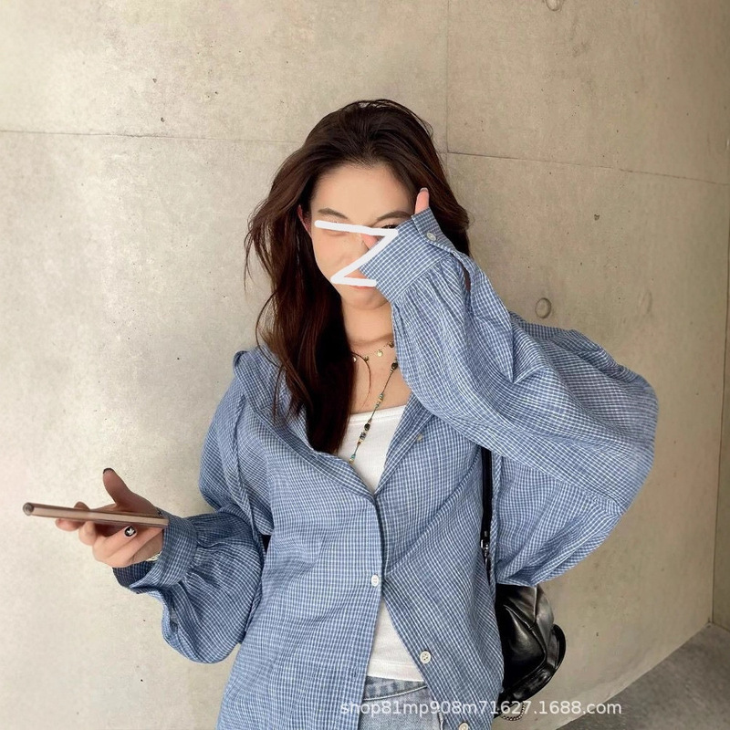 Blue Plaid Lantern Sleeve Hooded Shirt Sun Protection Women's Autumn 2025 New Thin Cardigan Shirt Loose Fit