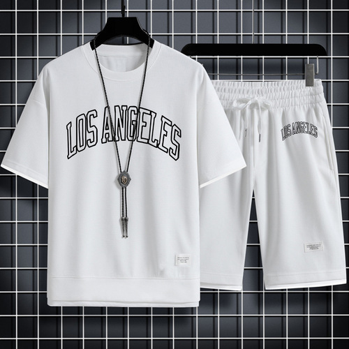New summer loose two-piece half-sleeve T-shirt set, checkered short-sleeve T-shirt men's casual sportswear set