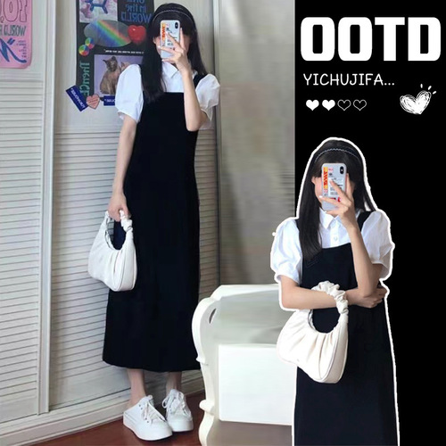 Black suspender dress for women summer 2025 high-end sweet age-reducing college style suit skirt for small people