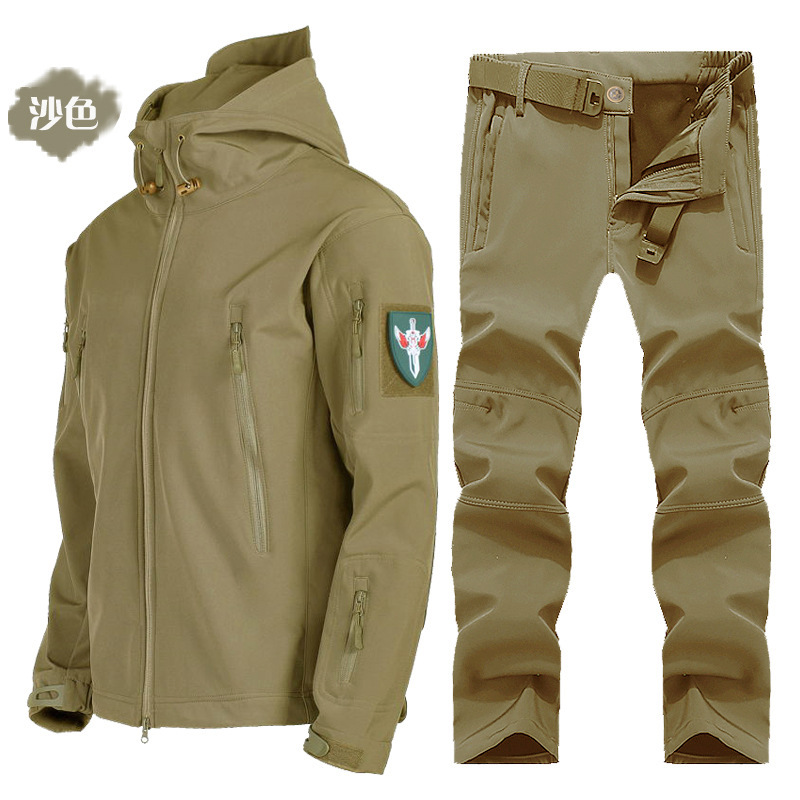 Outdoor shark skin soft shell jacket suit men's spring and autumn winter fishing skiing riding fleece-lined mountaineering jacket